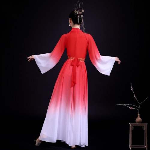 Women girls red gradient chinese folk dance costumes fairy hanfu princess skirts ancient yangge umbrella fan dance suit for female